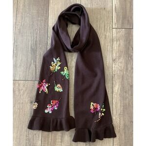 Quacker Factory Fall Brown Knit Scarf Sequin Autumn Leaves Ruffle NWT